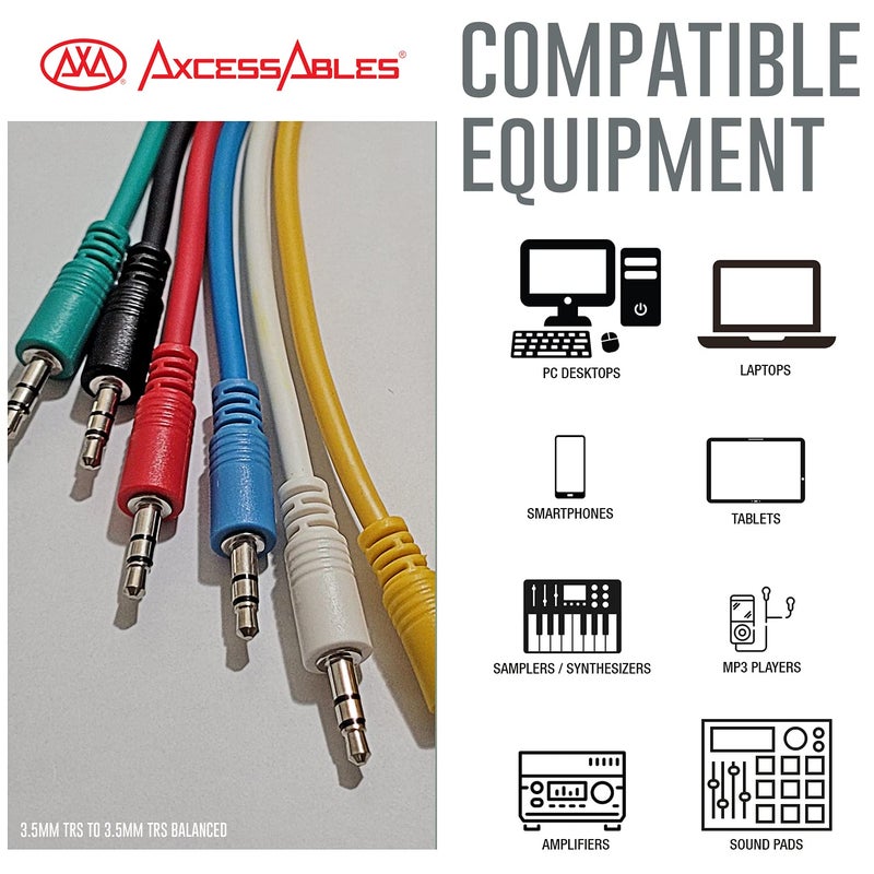 AXA AXCESSABLES AxcessAbles 1/8 (3.5mm) TRS to 1/8 (3.5mm) TRS Balanced Minijack Stereo Patch Cables| Headphone Jack|1/8 aux Cable Bundle| 3.5mm Stereo Aux Audio Cables Multi-Color 6-Pack (1.5ft) - Image 2